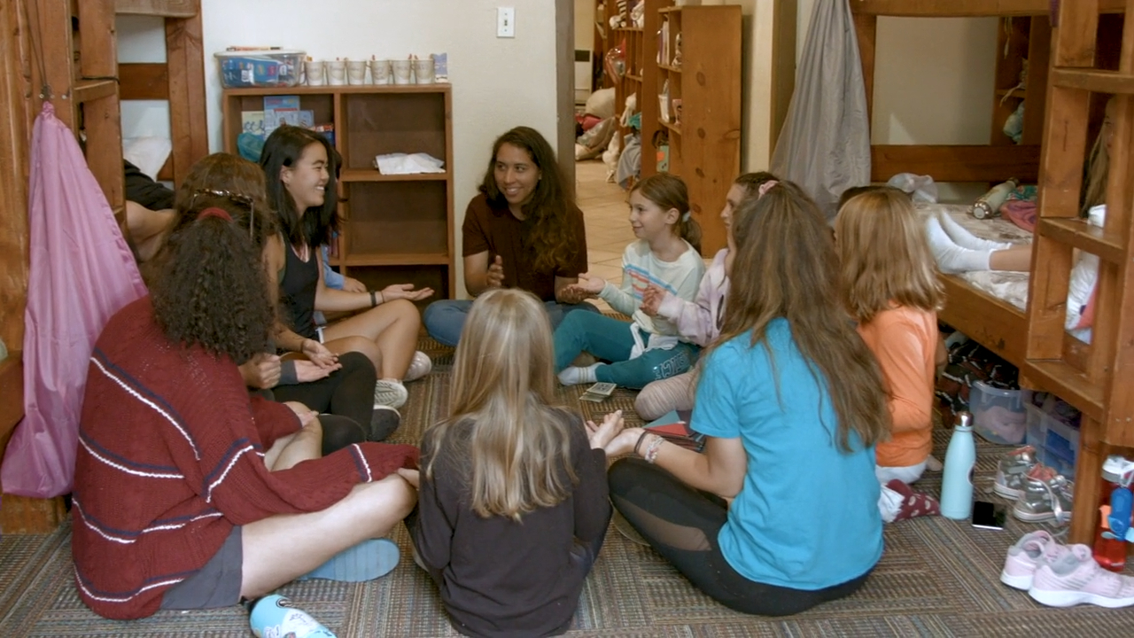 Girls playing in cabin